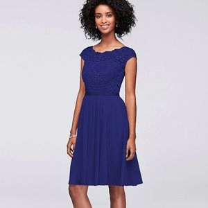 Short Lace Dress w/ Illusion Neckline-Royal Blue